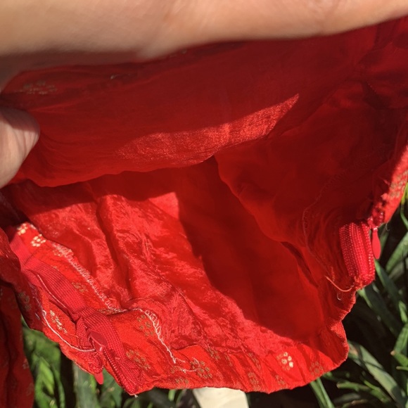 FIERY RED saree blouse with golden thread work. Full back. Zips on sides. - Picture 8 of 9
